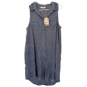 Anthropologie Entro Button Down Shirt Dress Women Size L Blue Denim Like Fabric